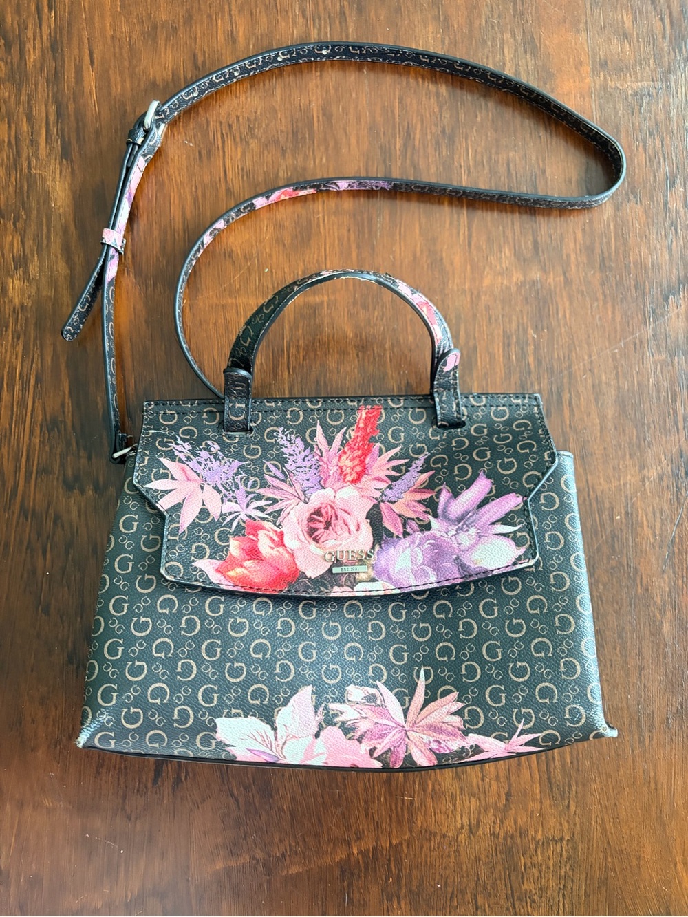 GUESS Black Satchel with Pink & Purple Floral Print
